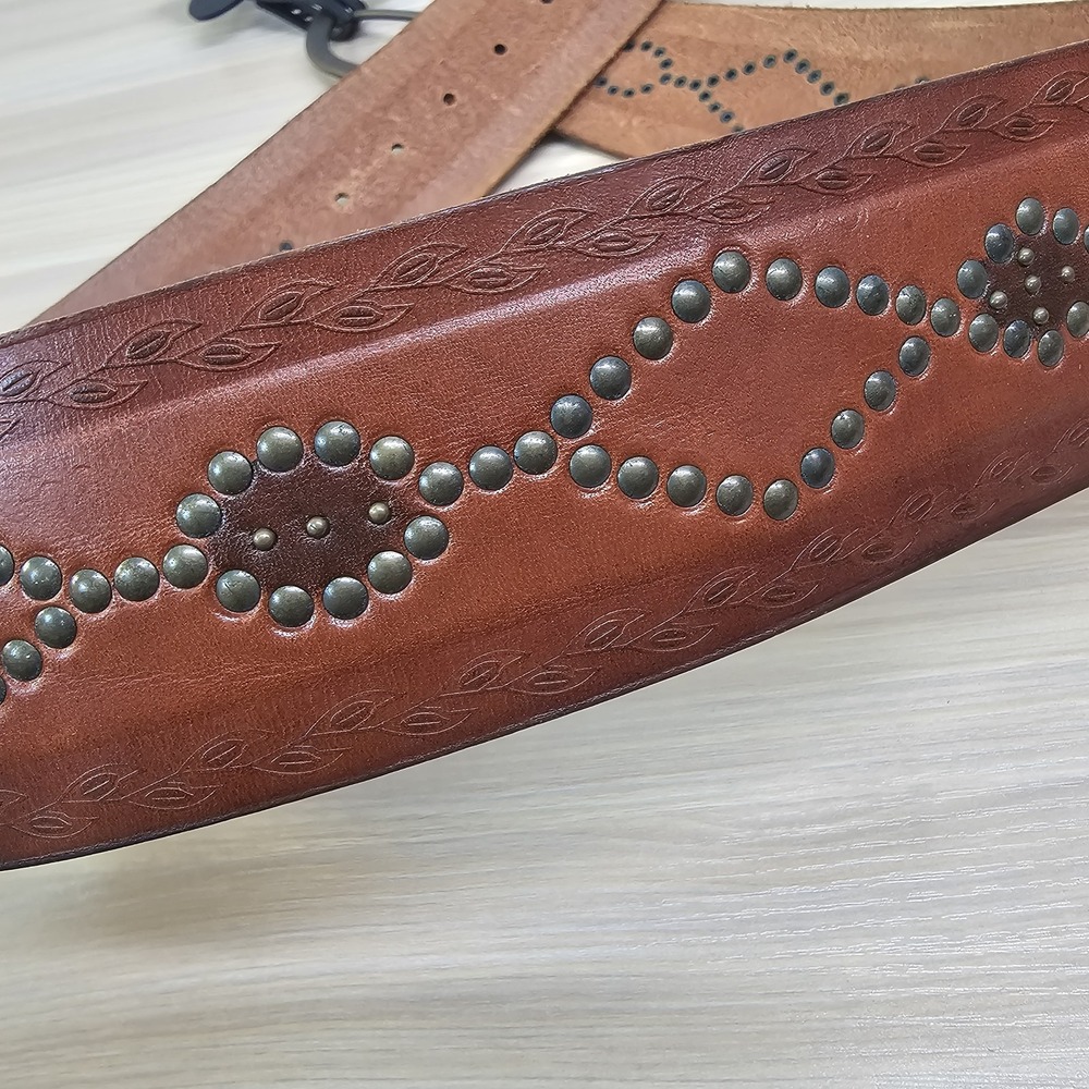Western Boho Waist Belt Women M Brown FOSSIL Studded Tooled Leather Brass Buckle - Picture 9 of 13